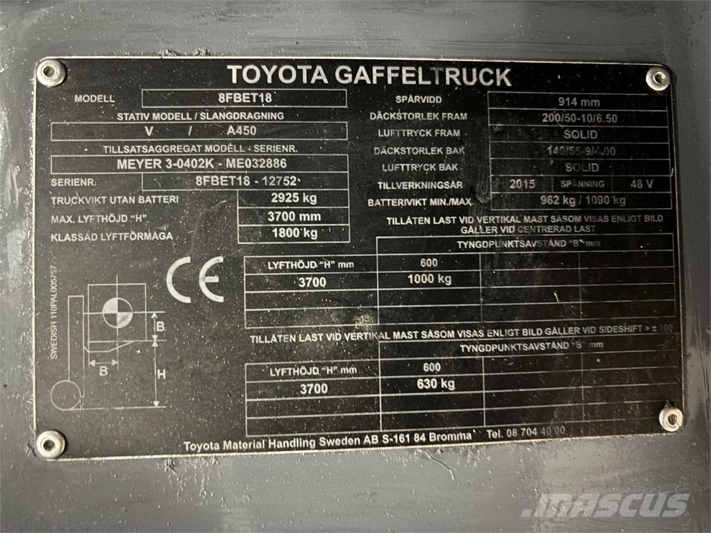 Toyota 8FBET18 شاحنات ذات رافعات شوكية تعمل بالكهرباء