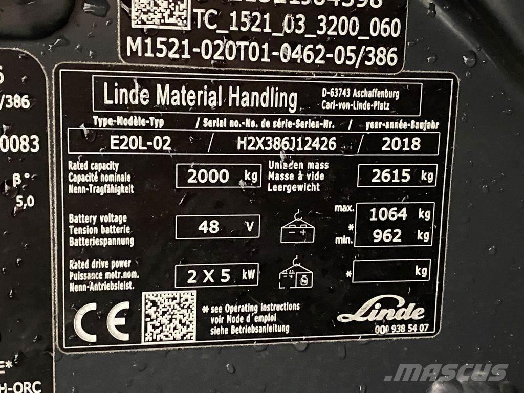Linde E20L-02 شاحنات ذات رافعات شوكية تعمل بالكهرباء