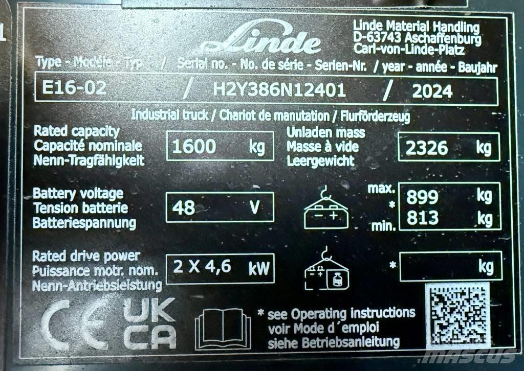 Linde E16/386-02 شاحنات ذات رافعات شوكية تعمل بالكهرباء
