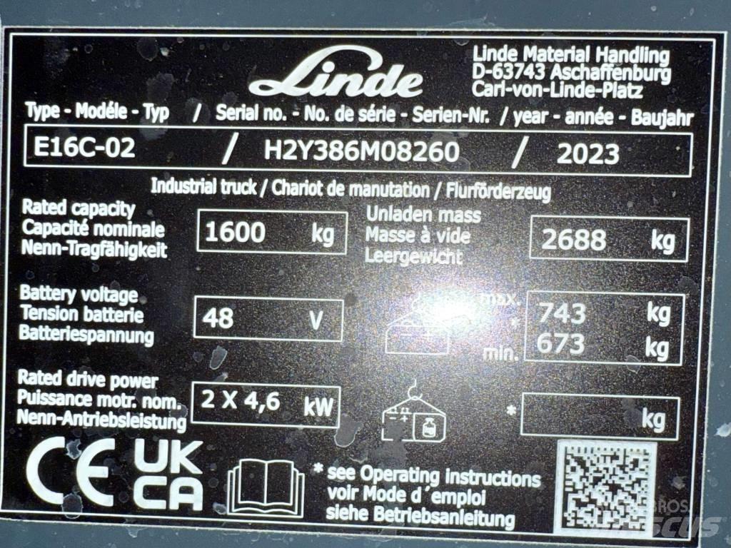 Linde E16C/386-02 شاحنات ذات رافعات شوكية تعمل بالكهرباء