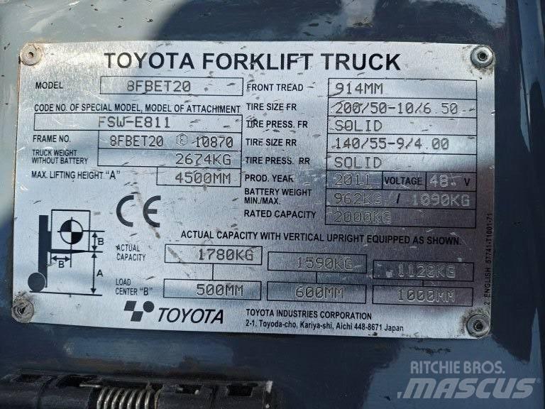 Toyota 8 FBET 20 شاحنات ذات رافعات شوكية تعمل بالكهرباء
