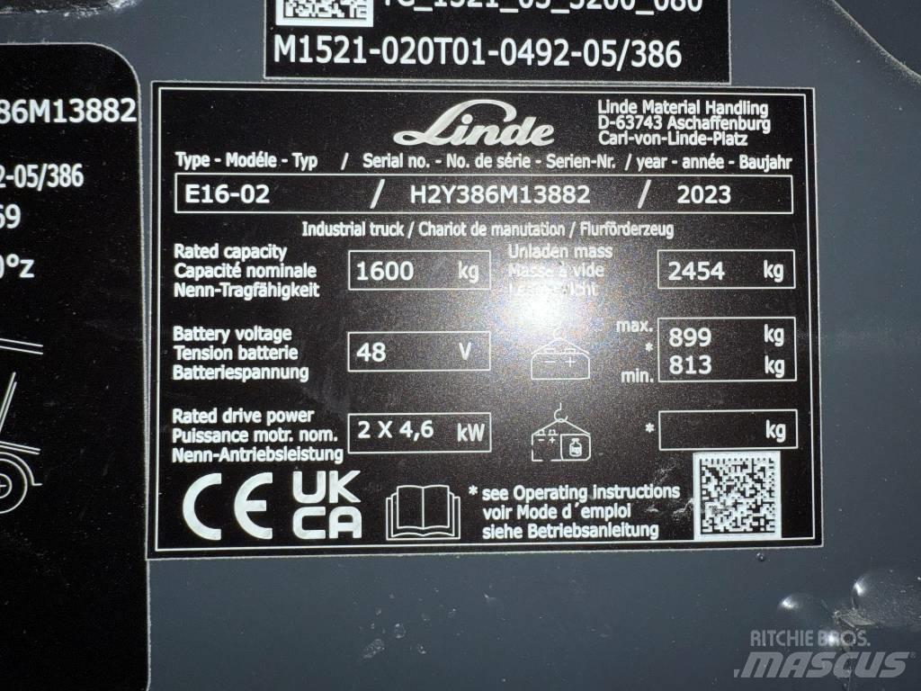 Linde E16/386-02 شاحنات ذات رافعات شوكية تعمل بالكهرباء