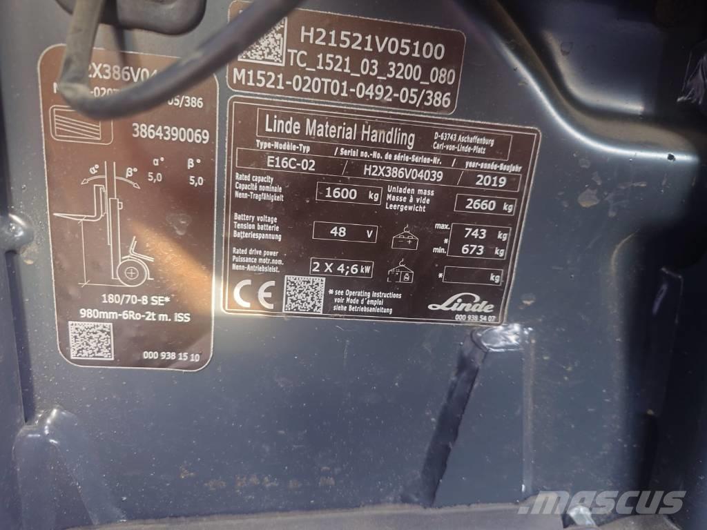 Linde E16C/386 شاحنات ذات رافعات شوكية تعمل بالكهرباء