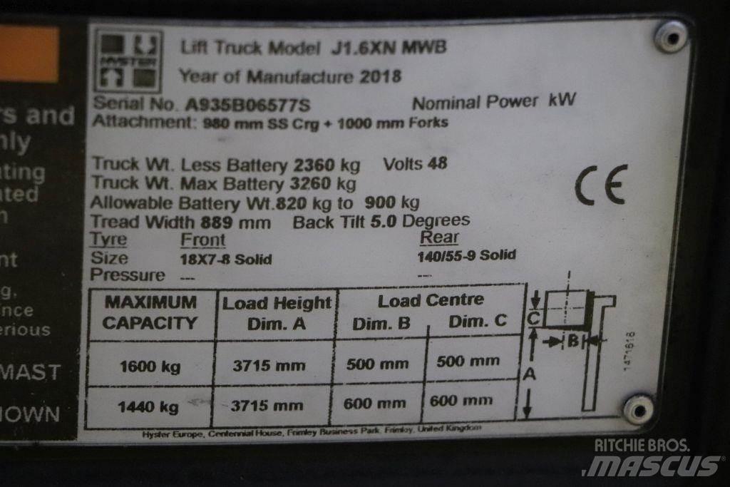 Hyster J1.6XN شاحنات ذات رافعات شوكية تعمل بالكهرباء