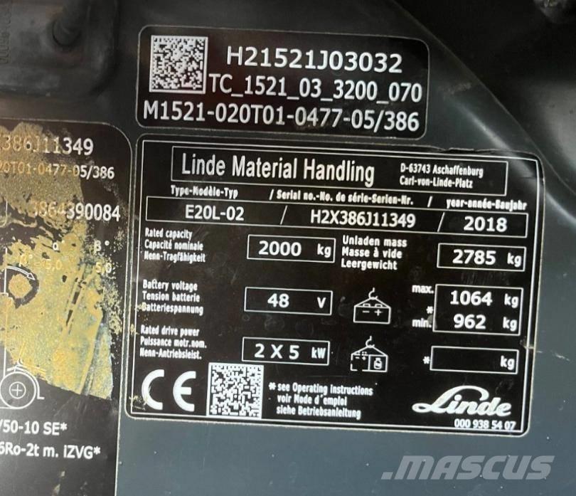 Linde E20L-02-386 شاحنات ذات رافعات شوكية تعمل بالكهرباء