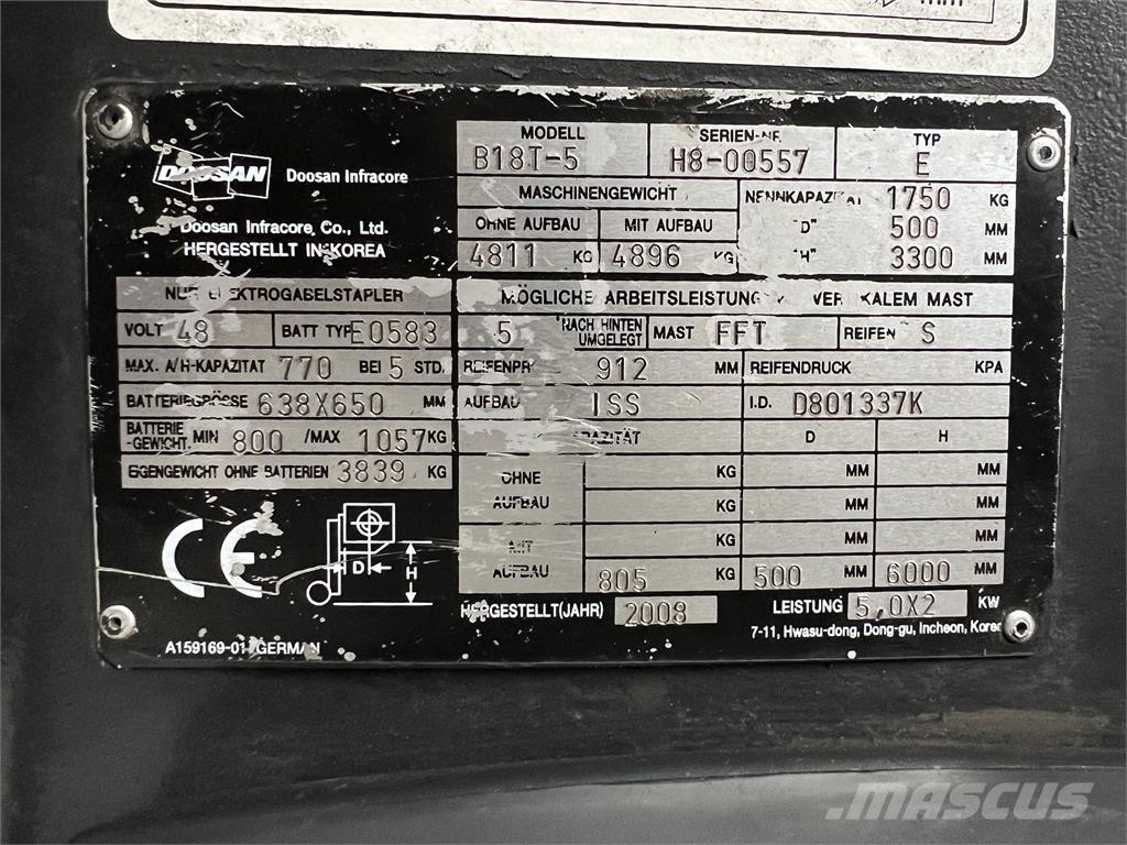 Doosan B18T-5 شاحنات ذات رافعات شوكية تعمل بالكهرباء