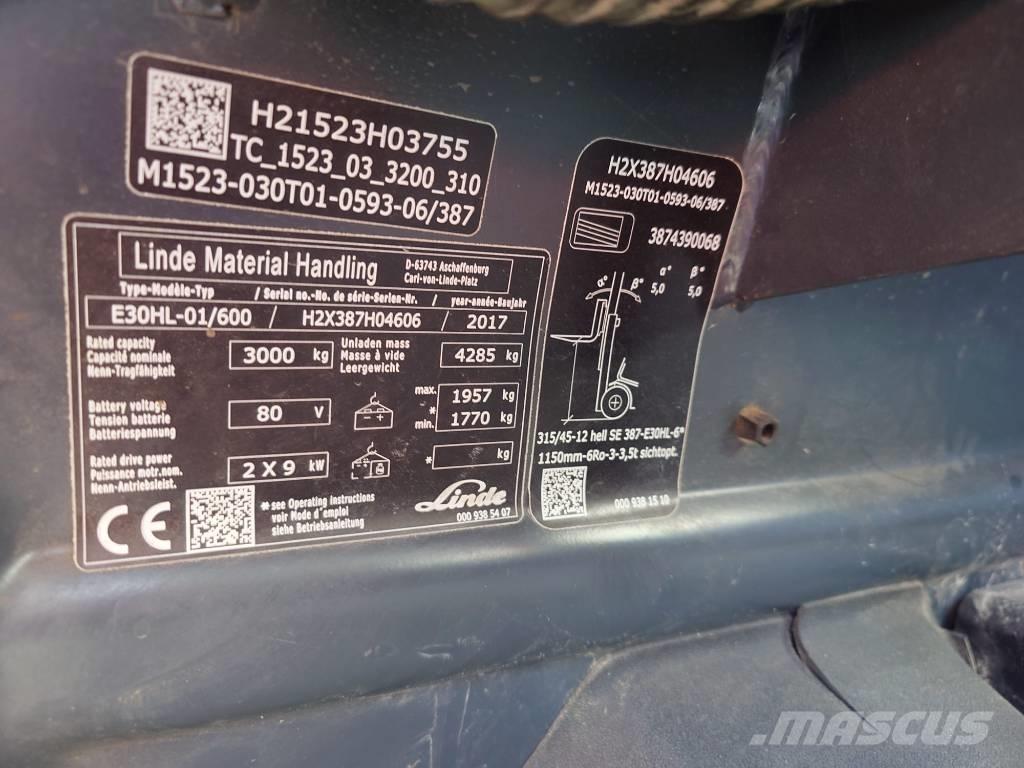 Linde E30/600HL/387 شاحنات ذات رافعات شوكية تعمل بالكهرباء