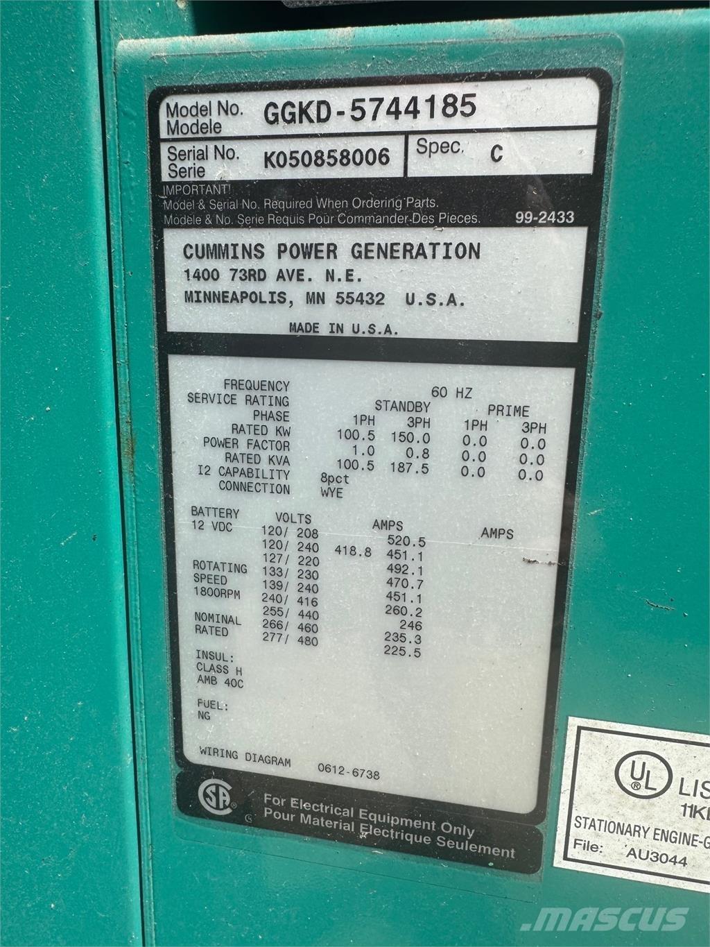 Cummins 150kW مولدات غاز